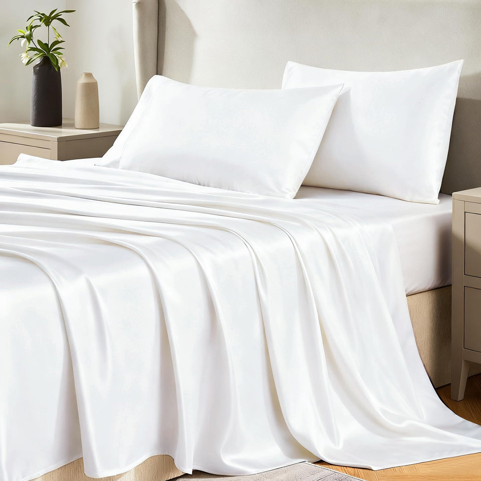 CozyLux satin sheets flat-lay showing silky finish for smooth skin and hair.