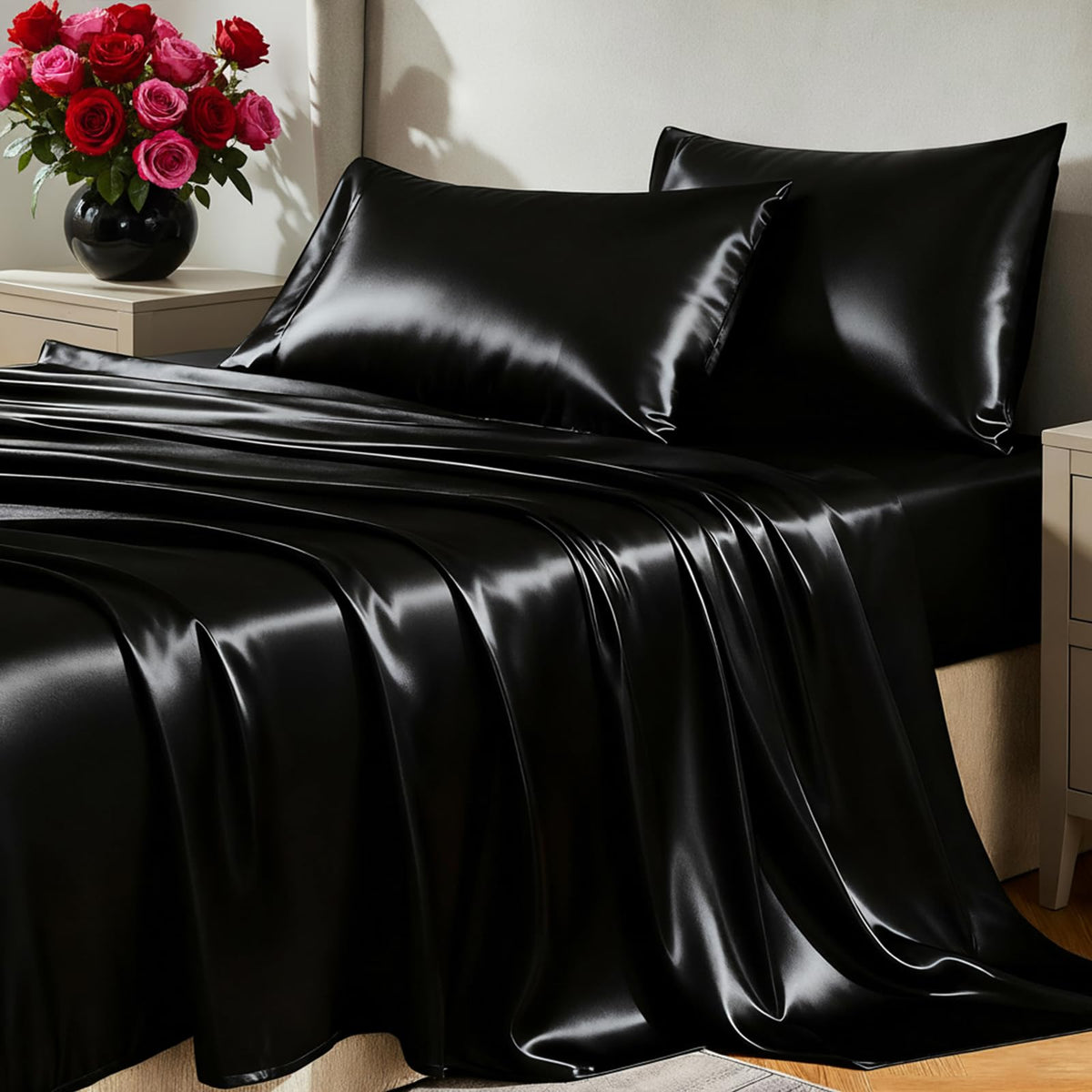 CozyLux satin flat sheet in black delivers silky comfort for restful mornings.