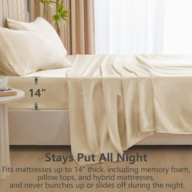 CozyLux satin sheets queen 4-piece-set shows flat, fitted sheets and pillowcases.