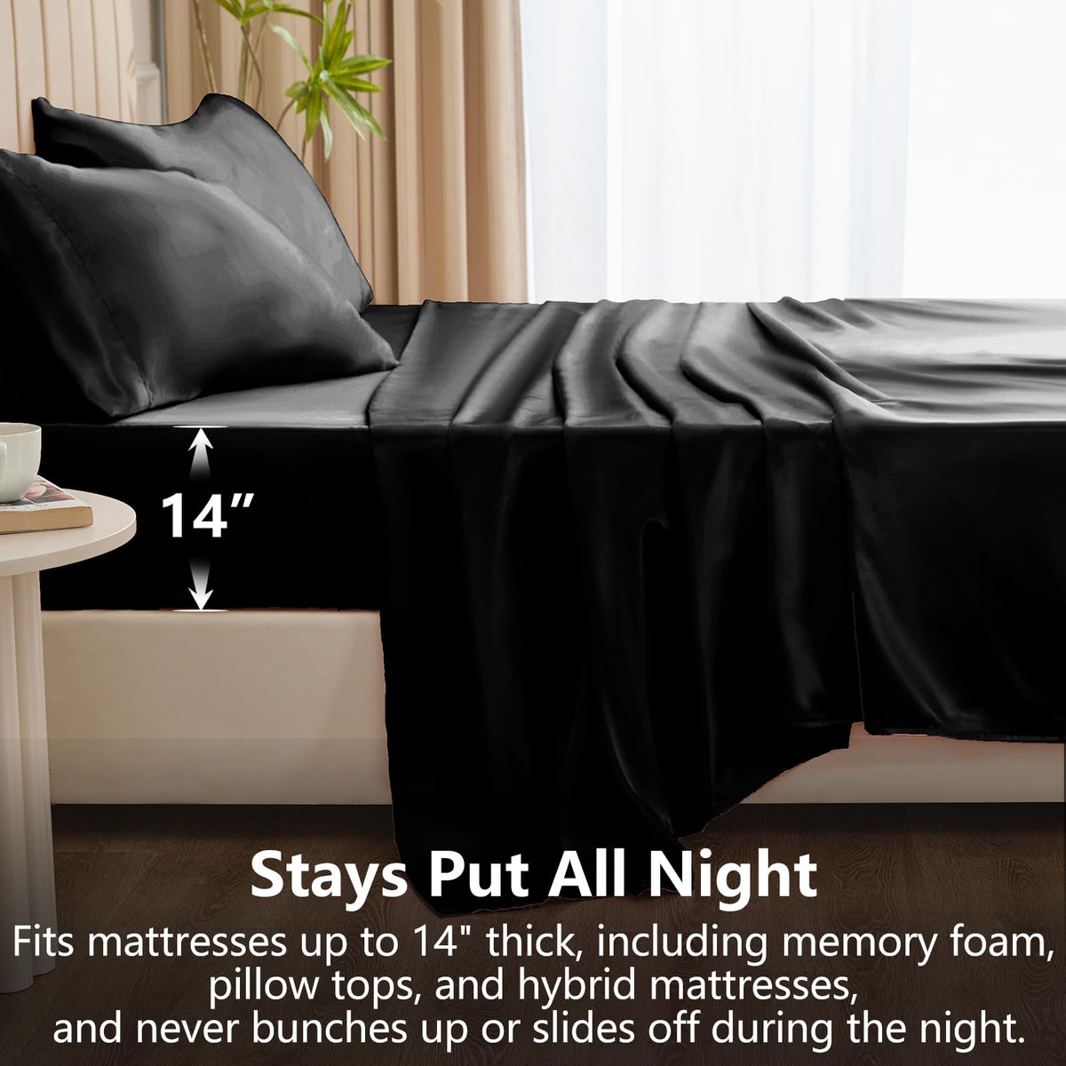 CozyLux satin sheets queen bed-on-bedding image emphasizes hotel-like luxury at home.