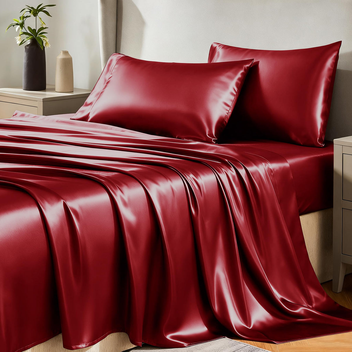 CozyLux satin sheets queen burgundy flat sheet glides smoothly for hotel-grade comfort.