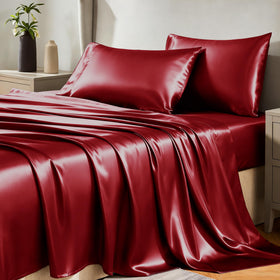 CozyLux satin sheets queen burgundy flat sheet glides smoothly for hotel-grade comfort.