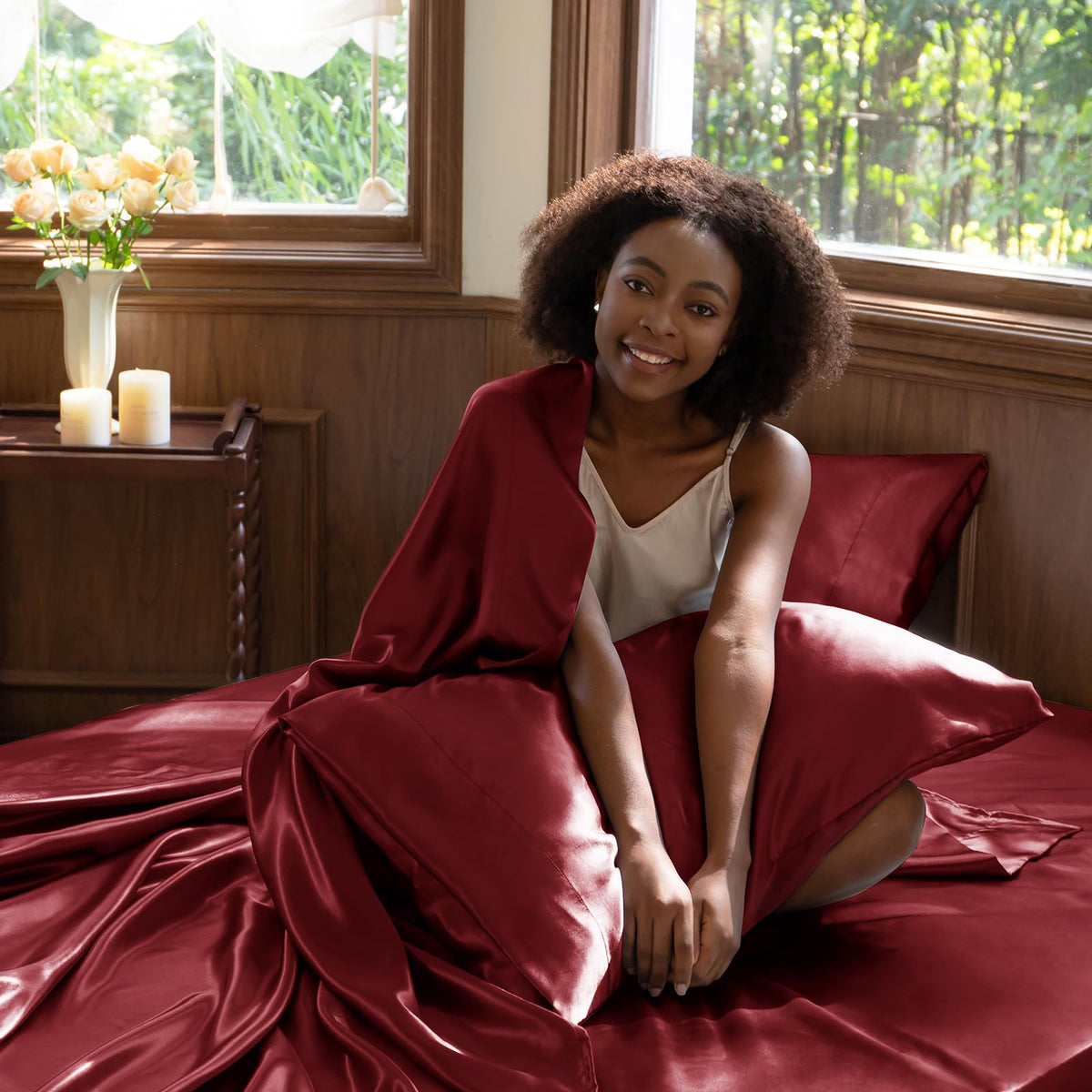 CozyLux burgundy satin finish resists wrinkles for a neat look.