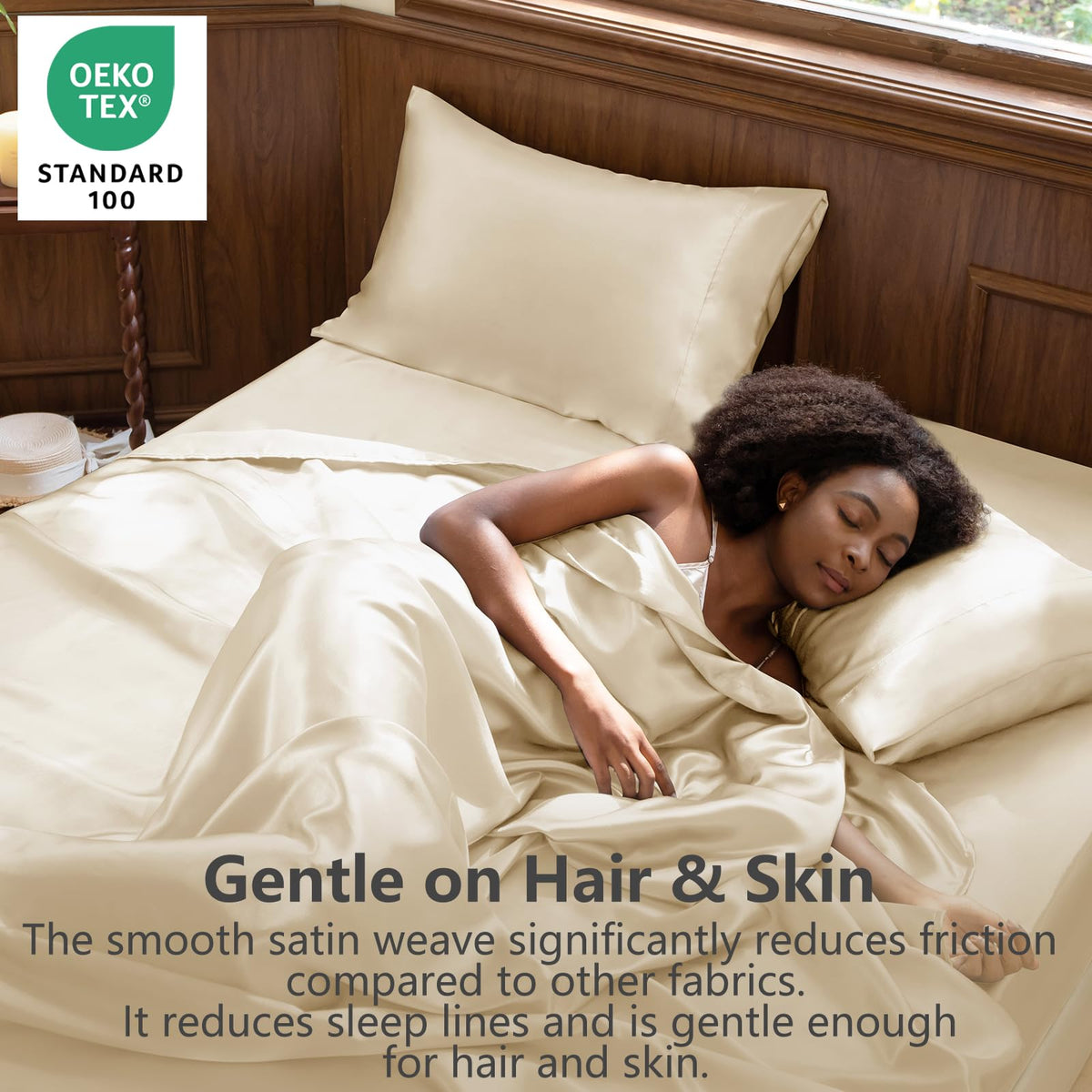CozyLux satin sheets queen champagne fabric highlights the color and premium feel.