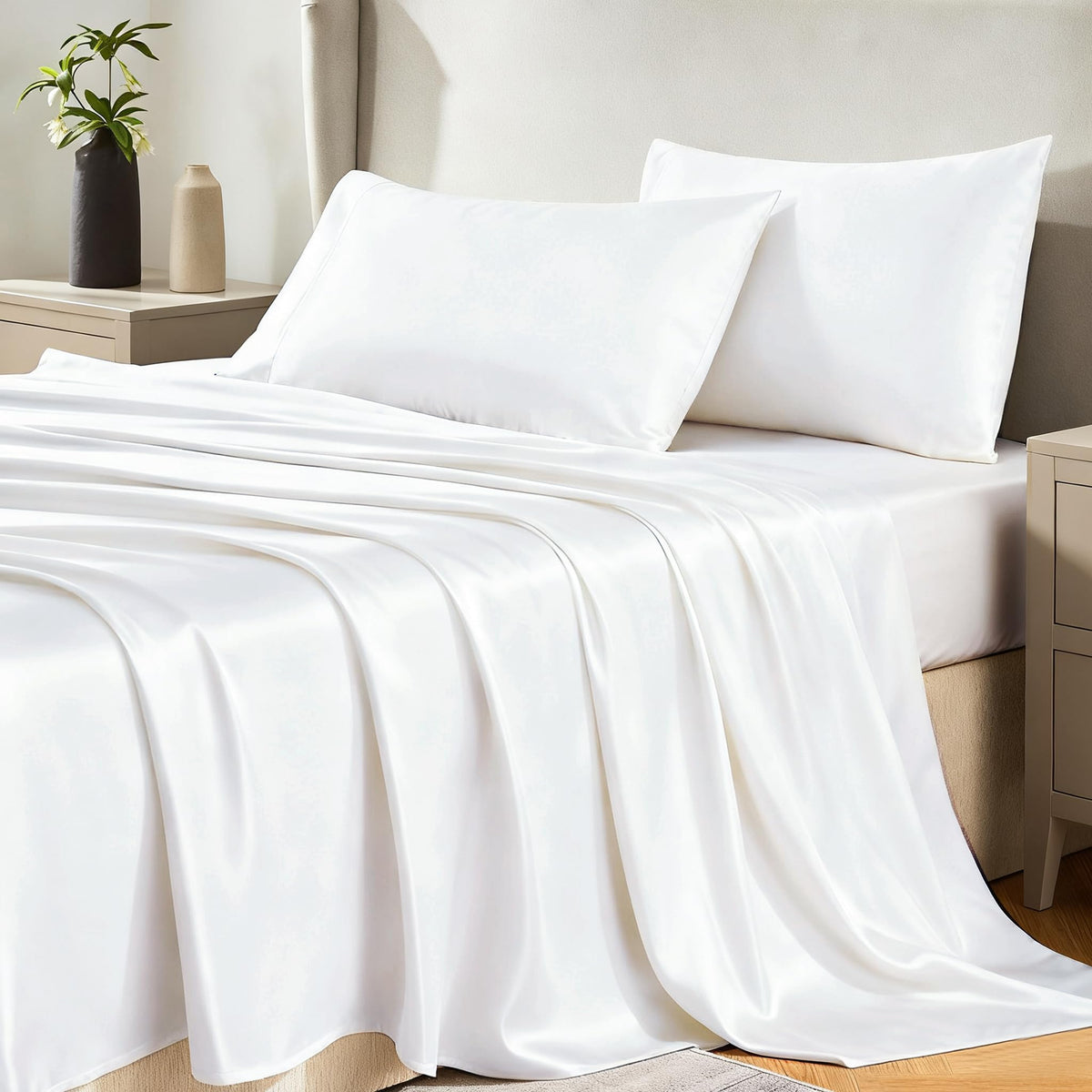 CozyLux satin sheets close-up showing glossy finish for silky-smooth sleep.