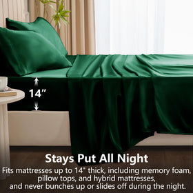 CozyLux dark green satin sheets add luxurious hotel-like decor.
