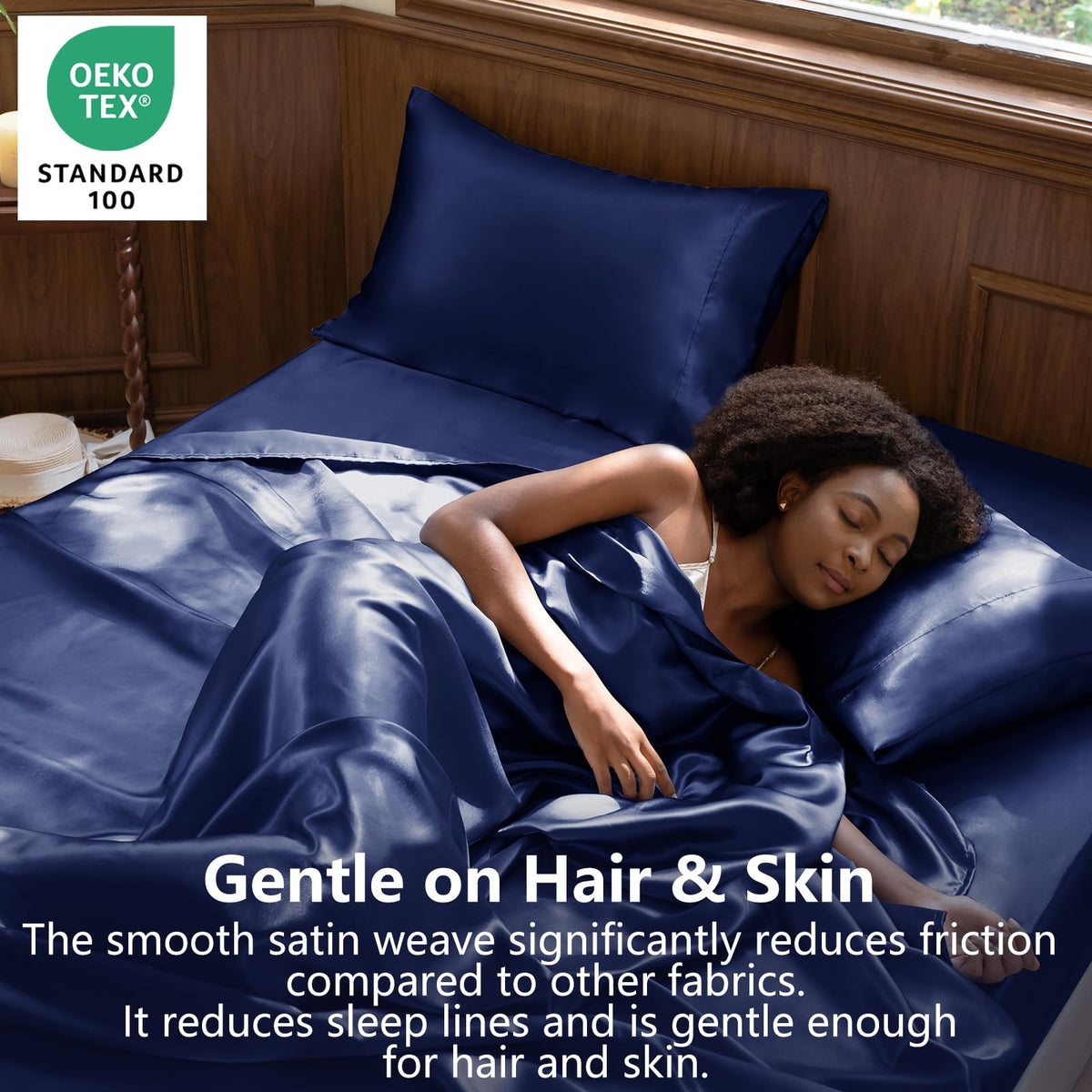 CozyLux satin fitted sheet queen navy; deep pocket keeps bed snug all night.