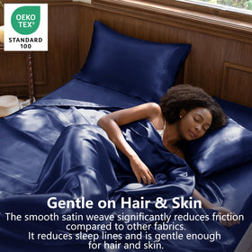 CozyLux satin fitted sheet queen navy; deep pocket keeps bed snug all night.