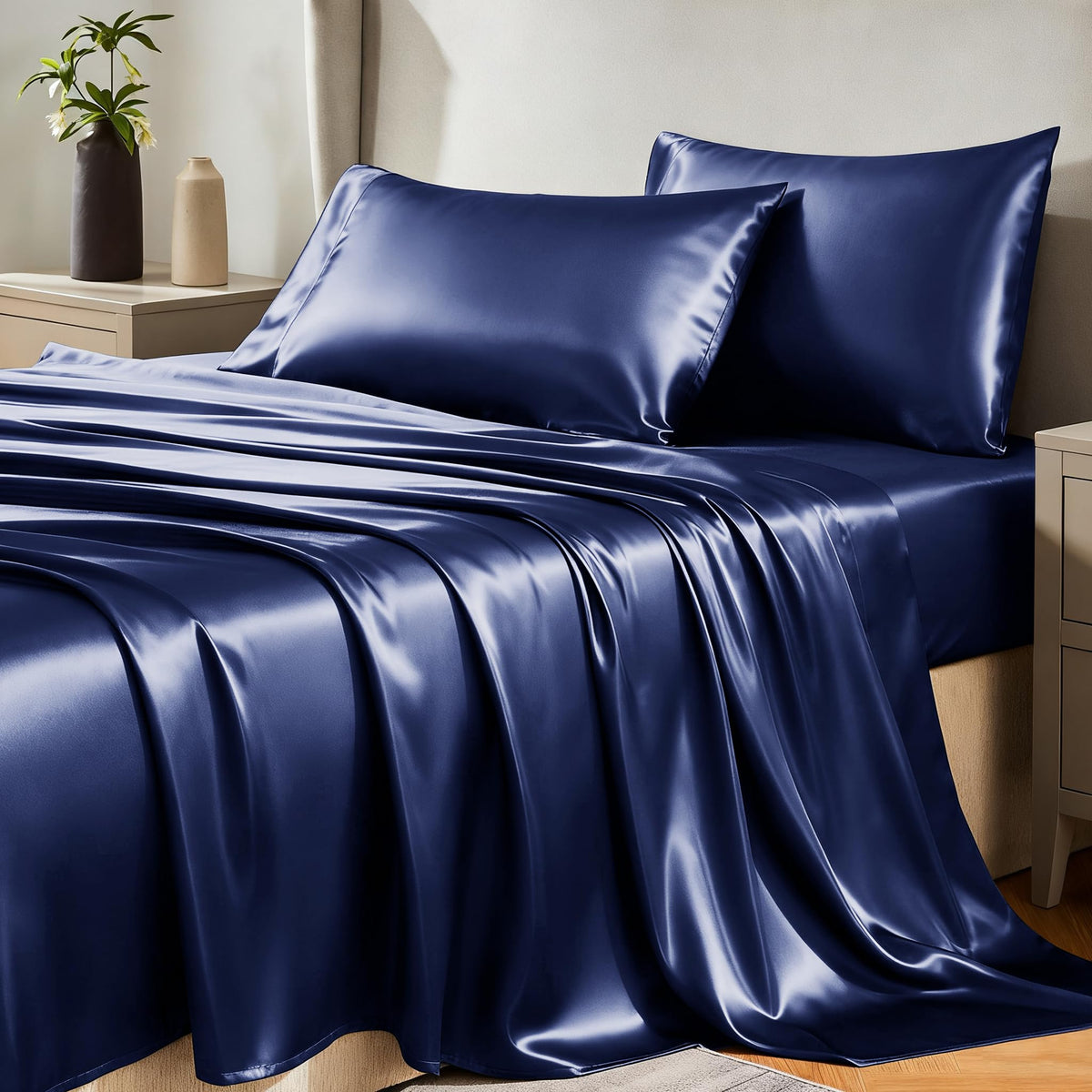 CozyLux satin flat sheet queen navy; silky surface for smooth skin contact.