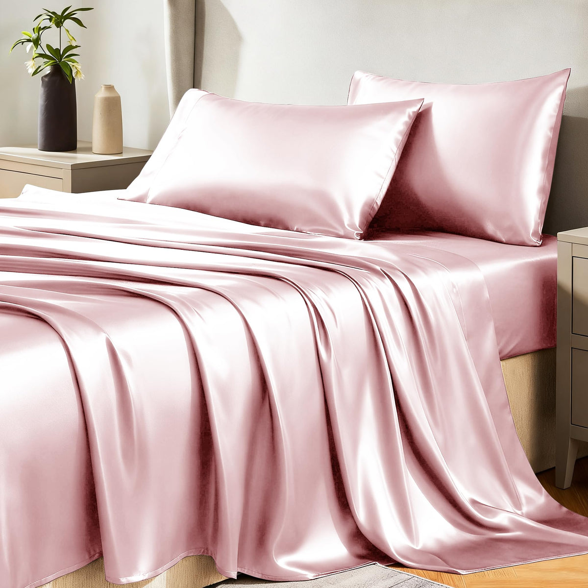 CozyLux satin sheets queen flat sheet with silky finish for smooth sleep