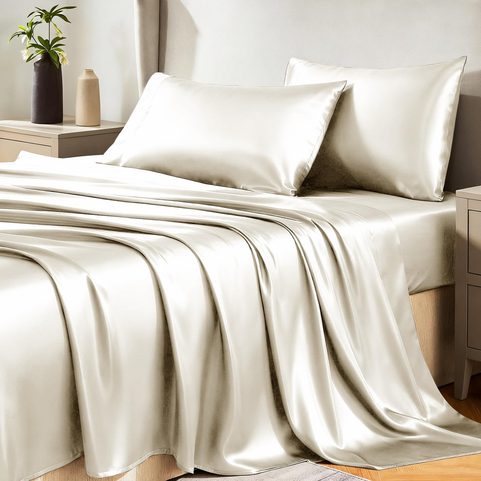 CozyLux satin sheets queen flatlay with silky sheen in beige for luxe bedroom