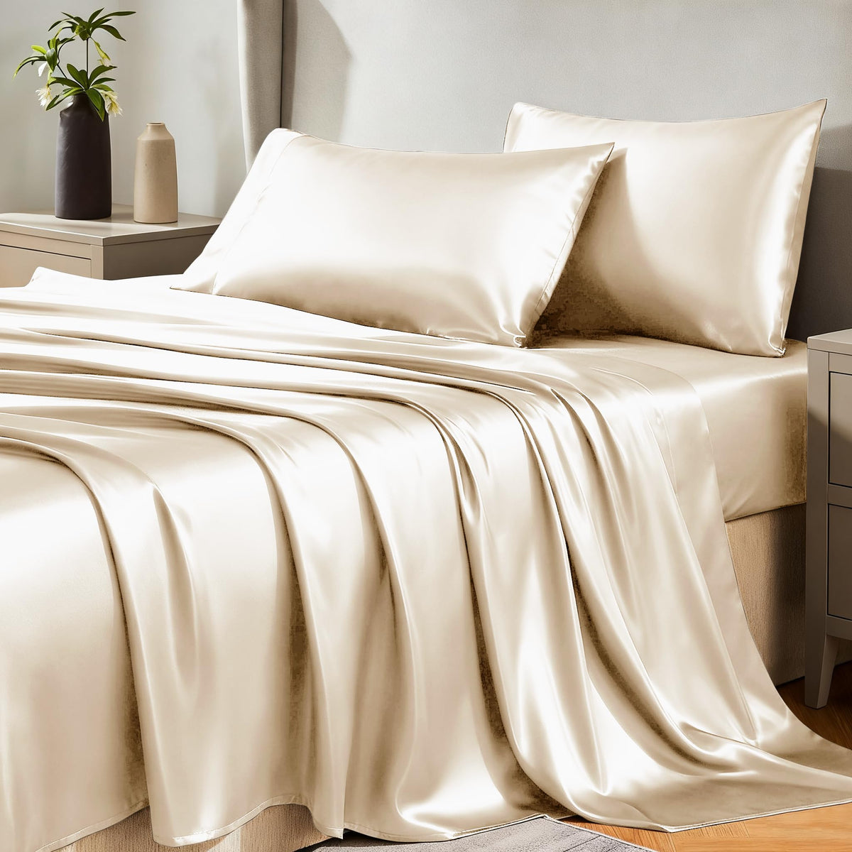 CozyLux satin sheets queen flatlay showcases a silky, luxurious texture.