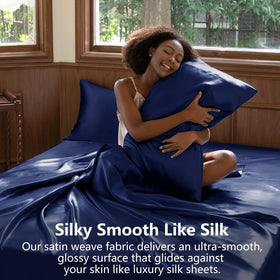 CozyLux satin pillowcases queen navy; minimizes friction to reduce sleep creases.