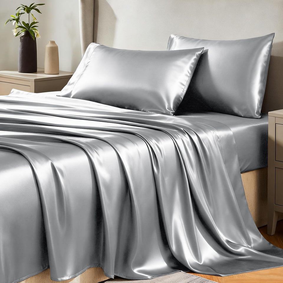 CozyLux satin sheets queen set bed view showing silky surface