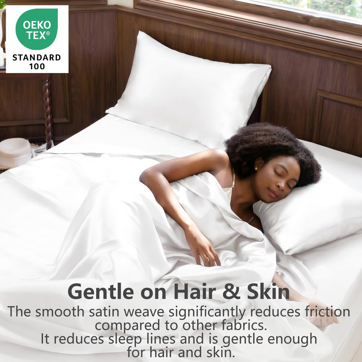 CozyLux satin sheets demonstrate a smooth touch and hair-friendly texture.