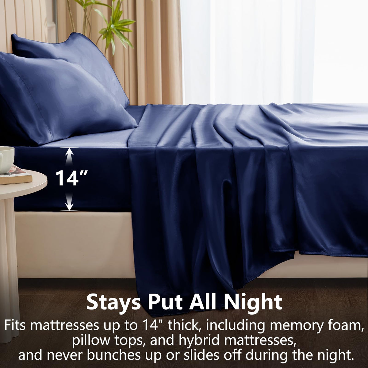 CozyLux satin weave close-up navy; glossy texture and ultra-smooth finish.