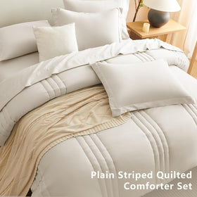 CozyLux stripe-design beige bedroom setup complements simple, timeless decor