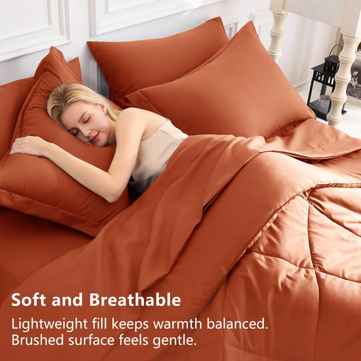 CozyLux terracotta king comforter on a bed with a coordinated look