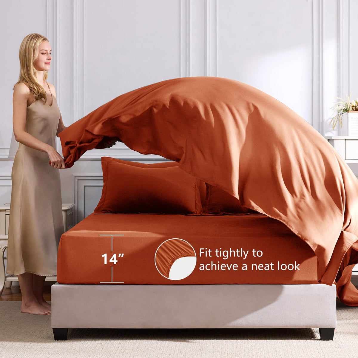 CozyLux terracotta king comforter fitted sheet with deep pocket fit up to 14 inches