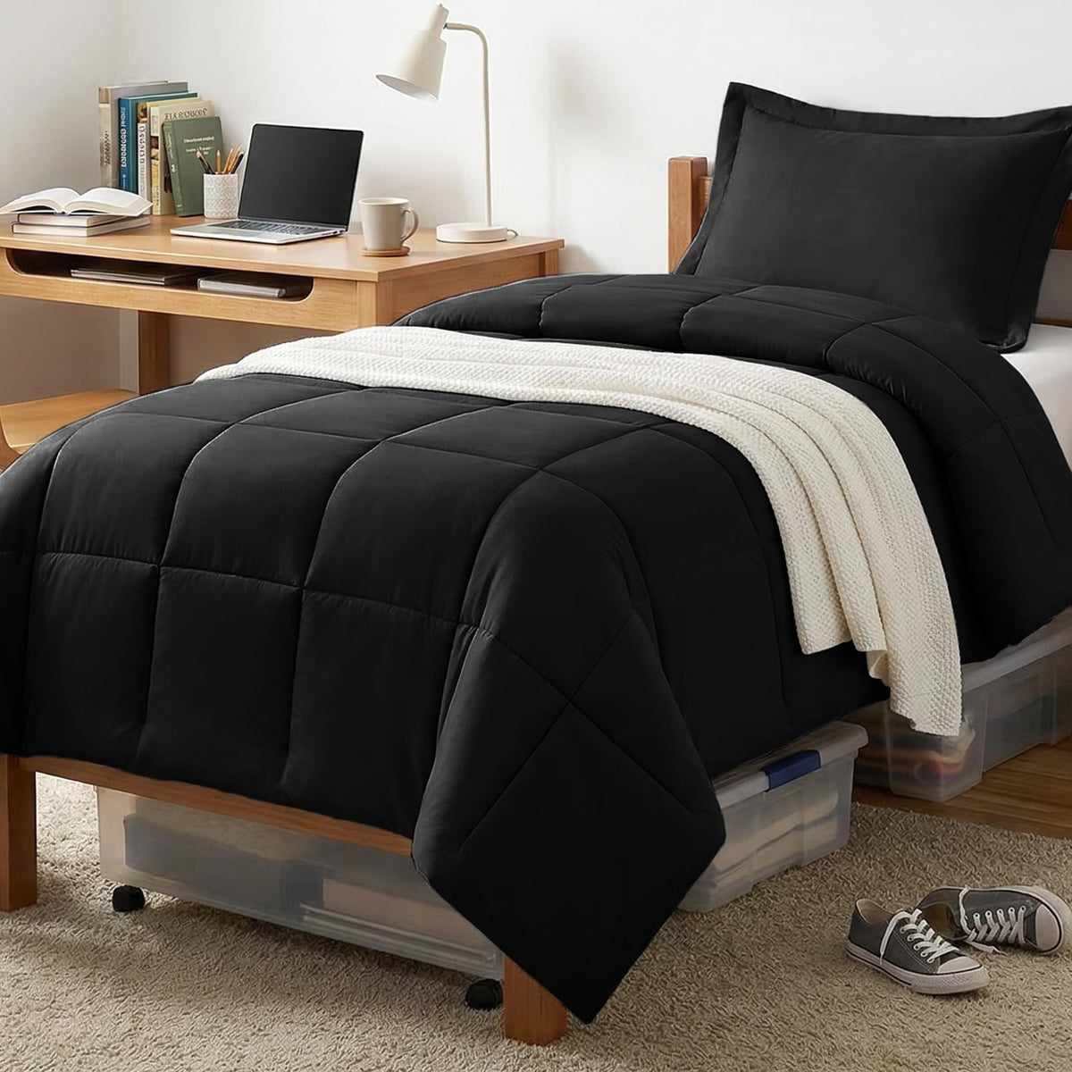 CozyLux Twin XL black comforter with box-stitch closeup shows durable, even fill.
