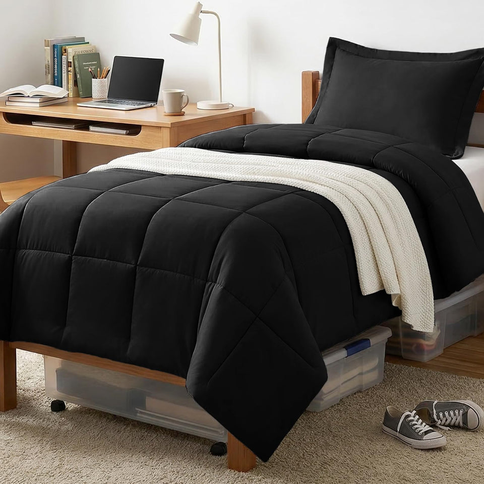 CozyLux Twin XL black comforter with box-stitch closeup shows durable, even fill.