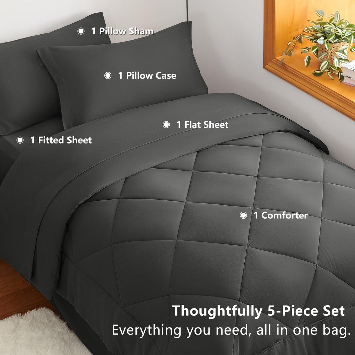 CozyLux Twin XL comforter dark grey pillow sham with durable box stitching