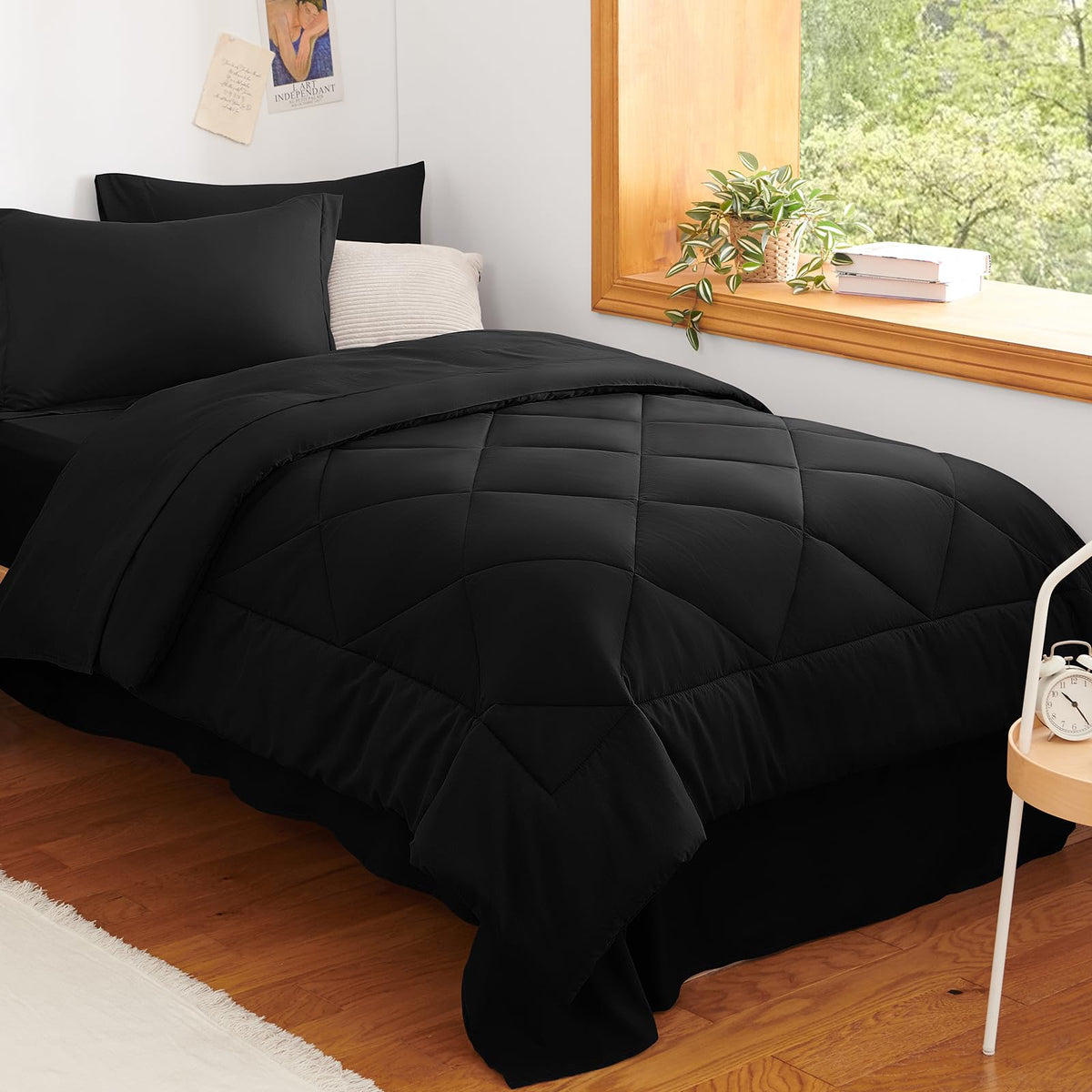 CozyLux Twin XL comforter set in black full view for dorm styling.