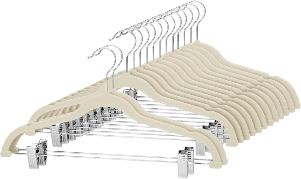 Cozymood velvet hanger on closet rod, beige, space-saving design