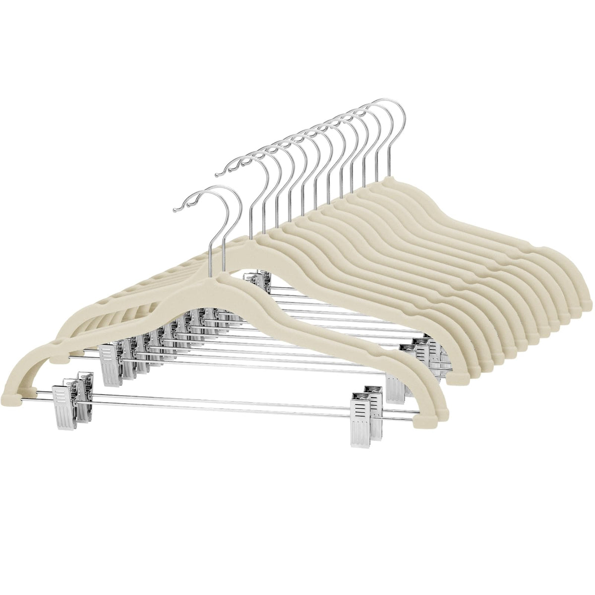 Cozymood velvet skirt hangers beige pack 24 close-up bar highlighting strong chrome bar