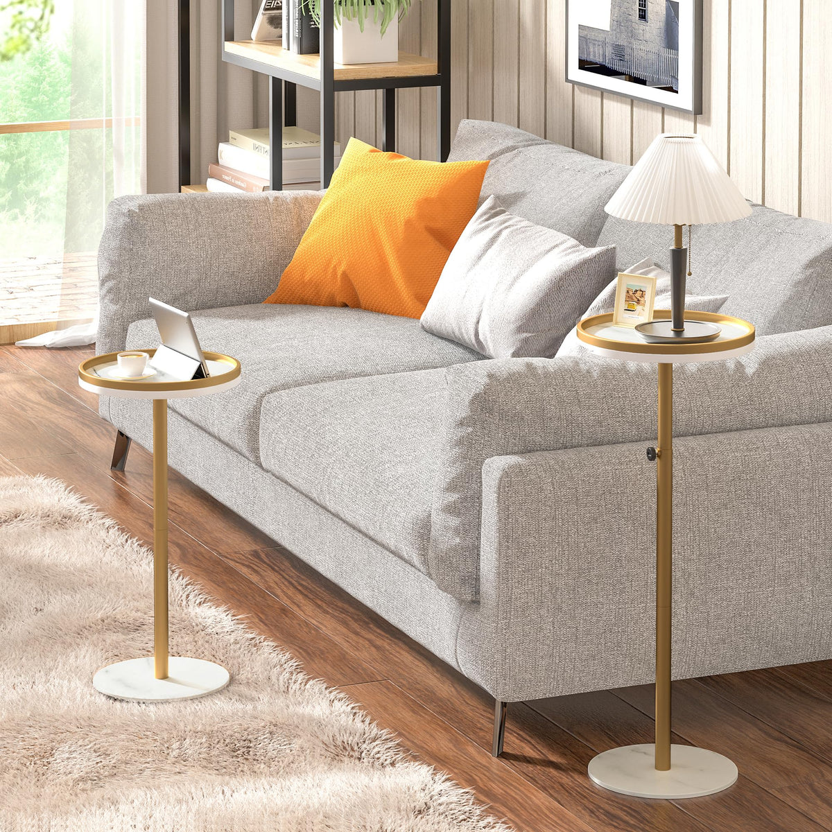 Cozynest Home side-profile of the height-adjustable drink table showing compact base