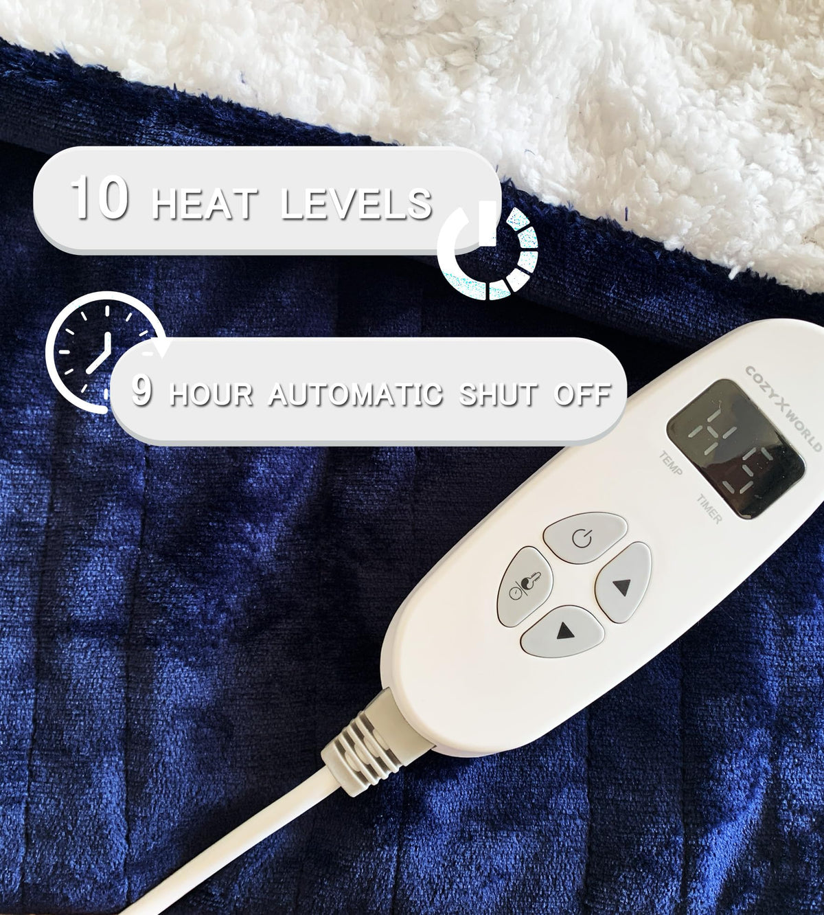 COZYXWORLD 1-9 hour timer shows safe heat scheduling for naps or overnight warmth.