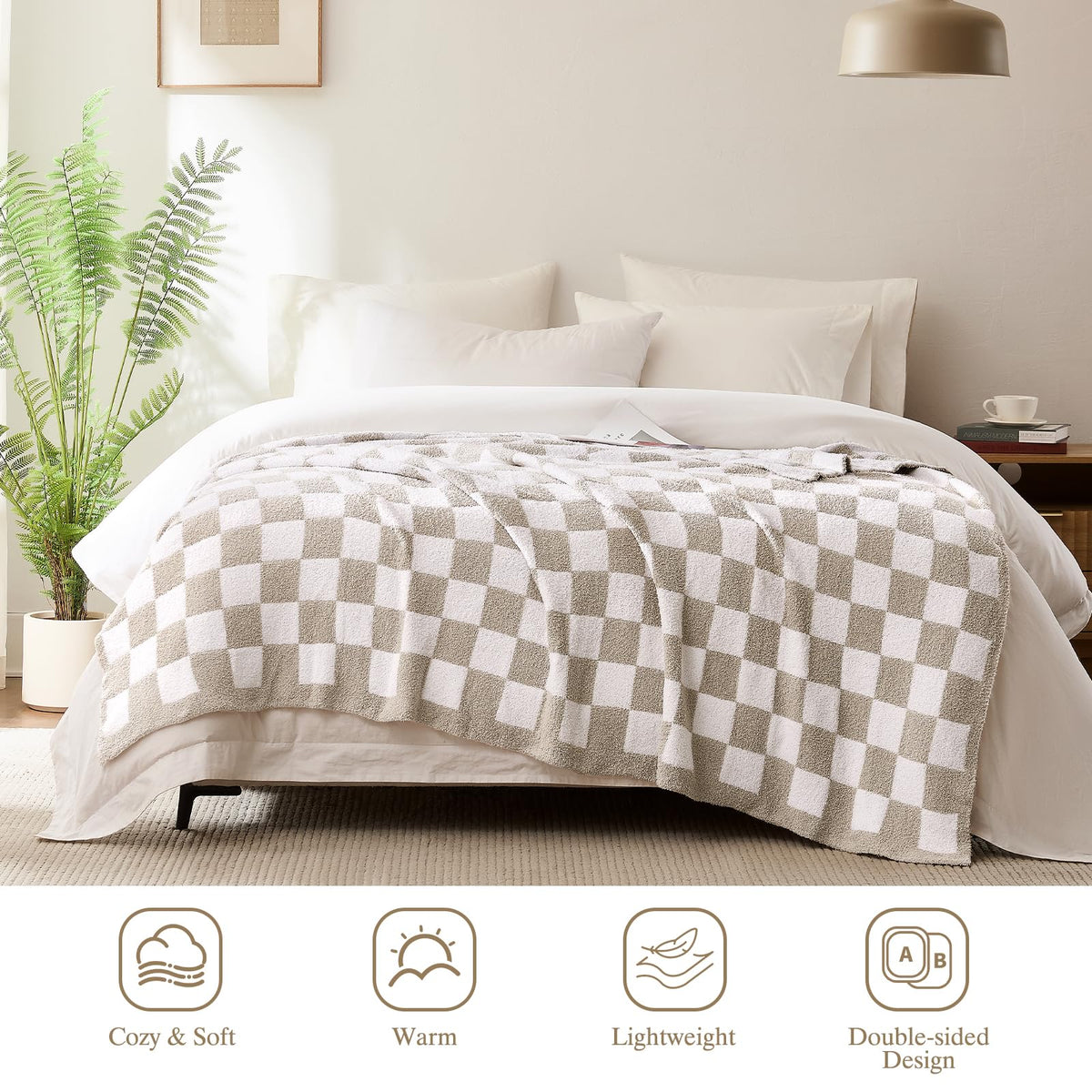 Cozzenity checkered throw blanket draped over sofa for stylish warmth