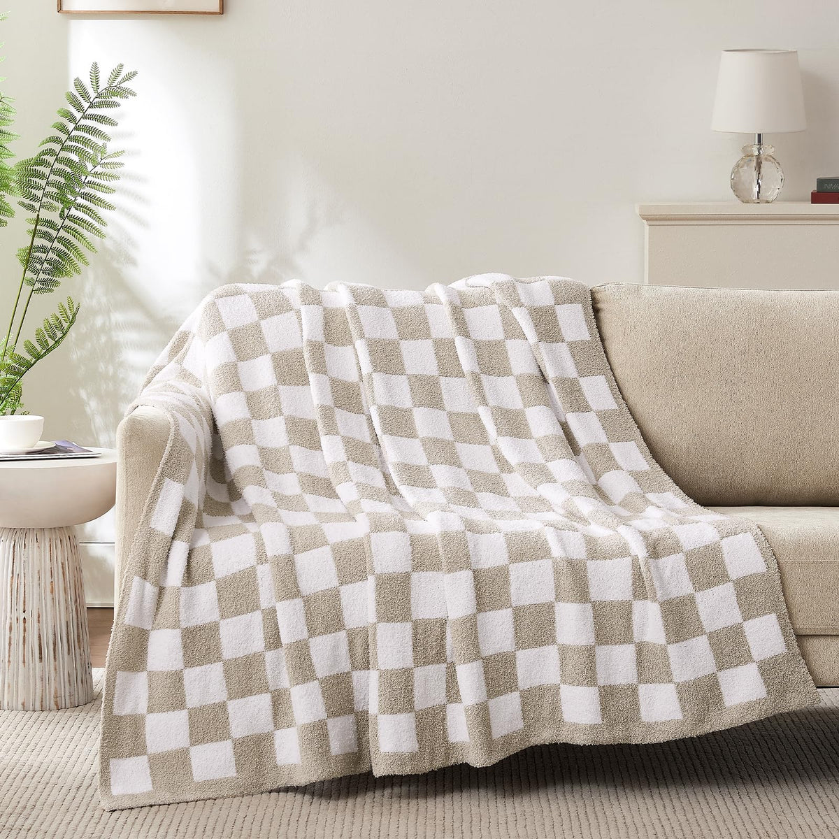 Cozzenity checkered throw blanket taupe plush texture for cozy lounging