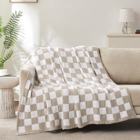 Cozzenity checkered throw blanket taupe plush texture for cozy lounging