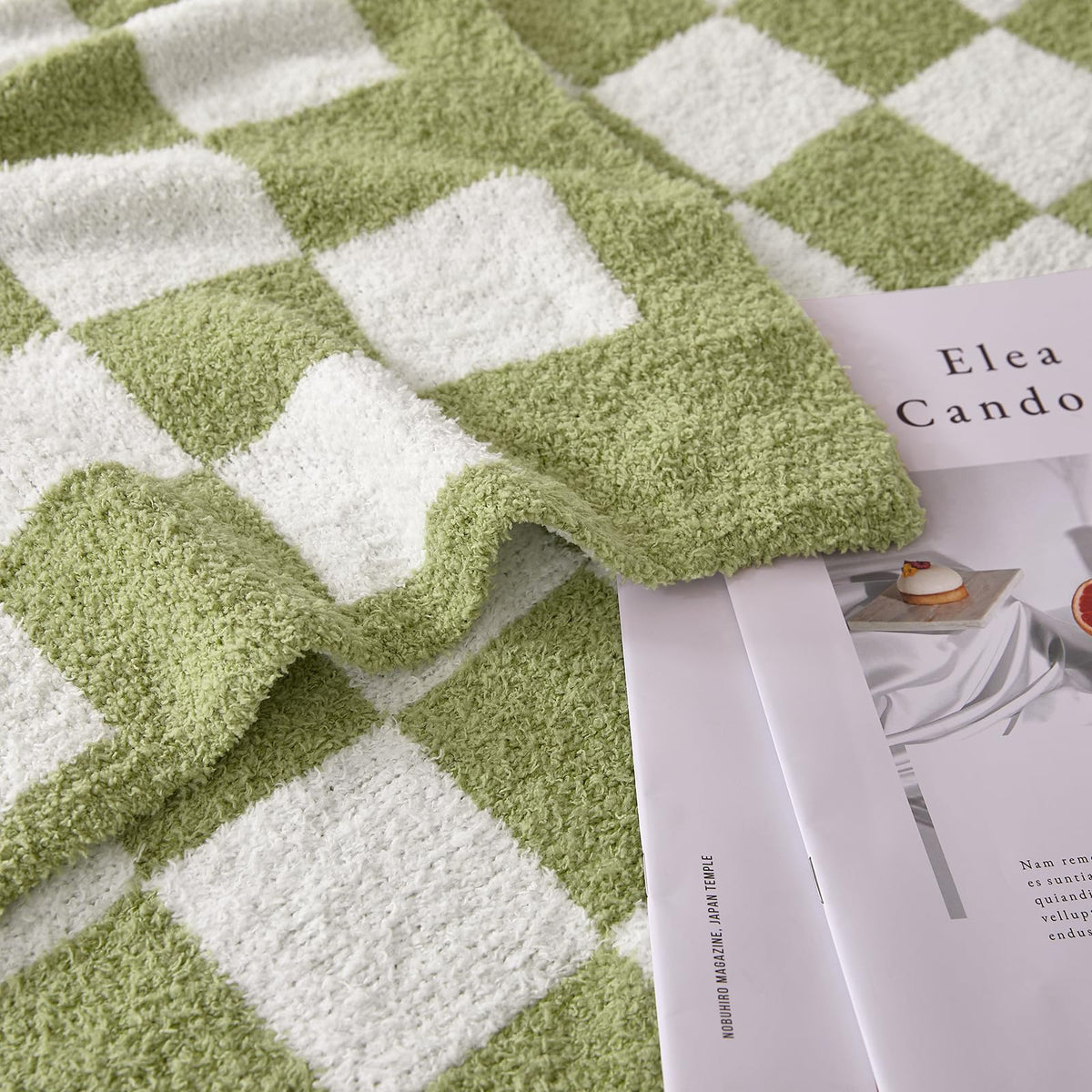 Cozzenity sage green checkered throw folded on display shows classic plaid stitching