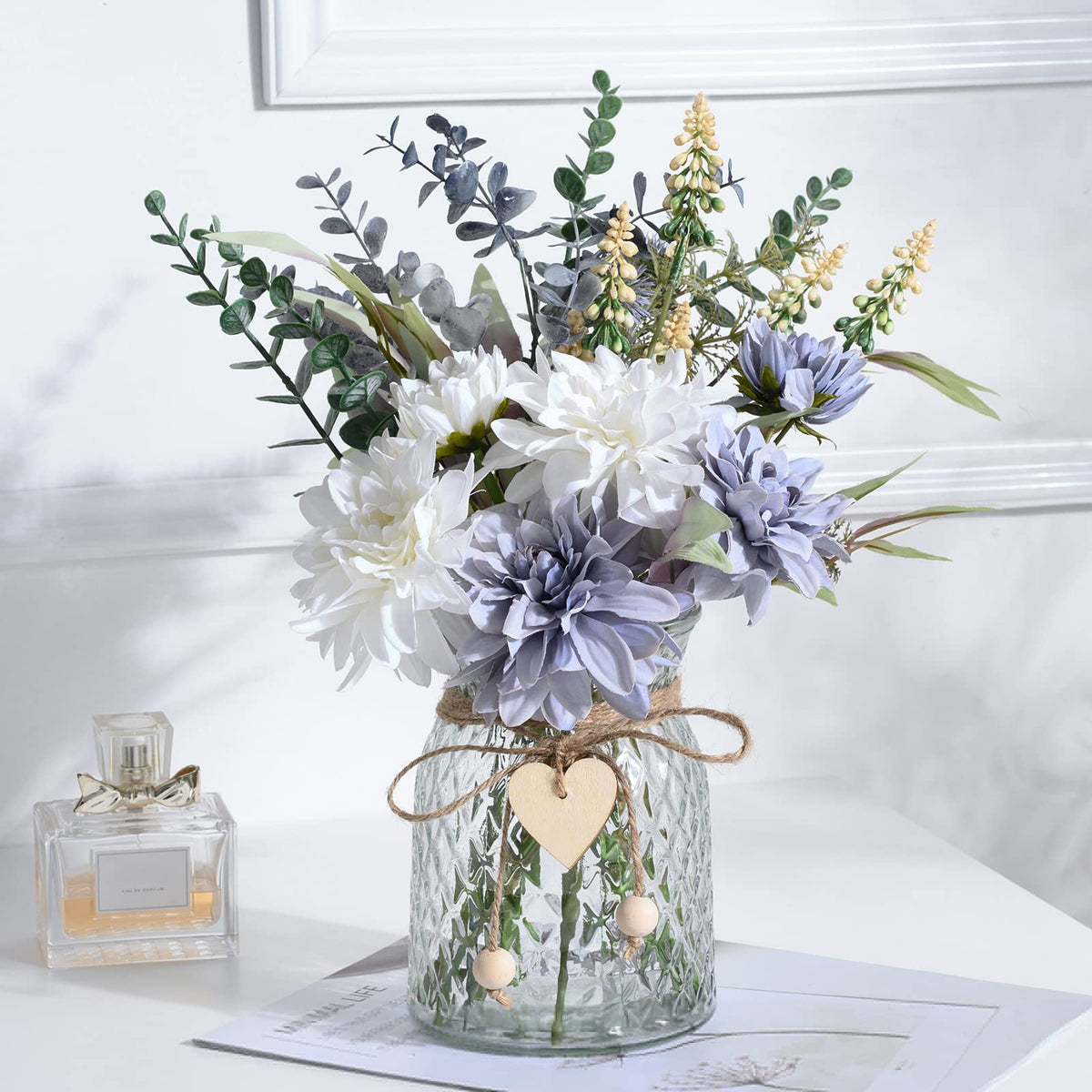 COZZI CODI artificial blue flowers with vase for elegant dining room centerpiece.