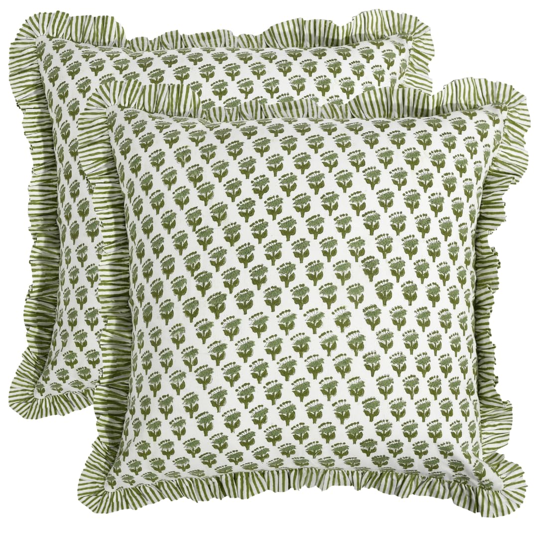 CPC Block Print Ruffle Throw Cover emerald green 18x18 on sofa