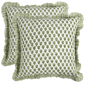 CPC Block Print Ruffle Throw Cover emerald green 18x18 on sofa