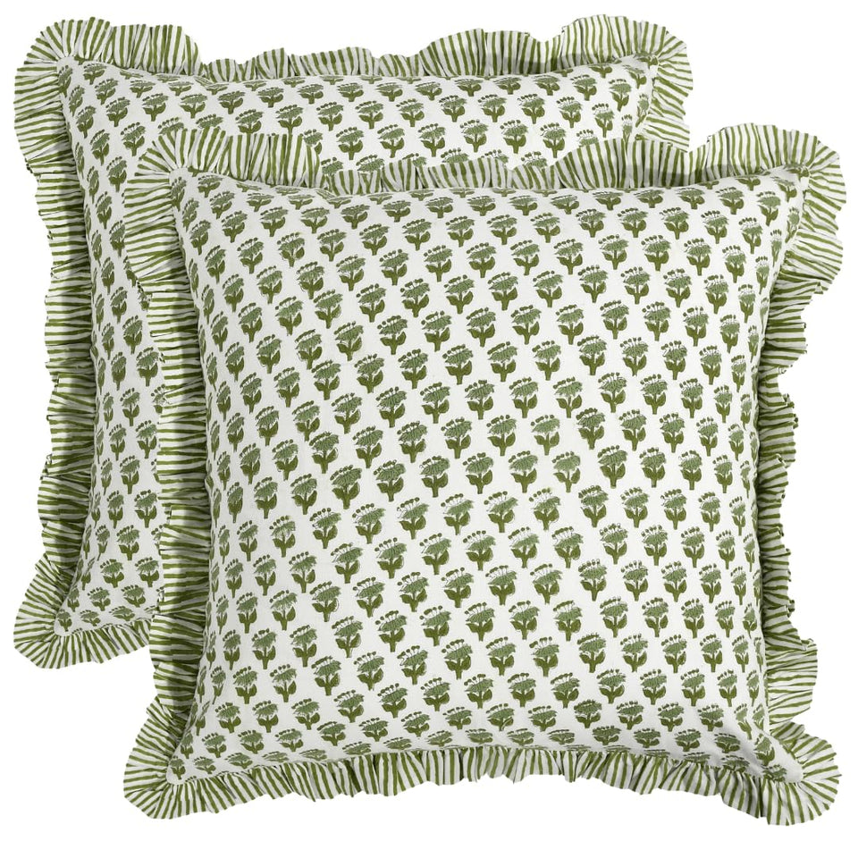 CPC Block Print Ruffle Throw Cover emerald green 18x18 on sofa