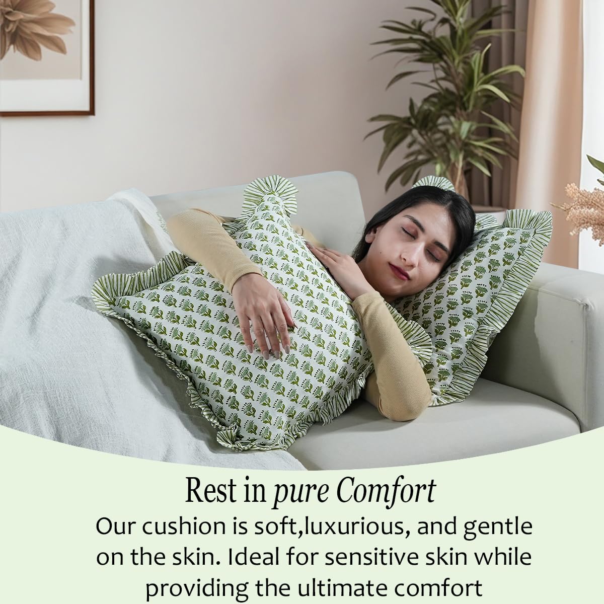 Emerald green CPC accent pillow covers paired with neutral decor