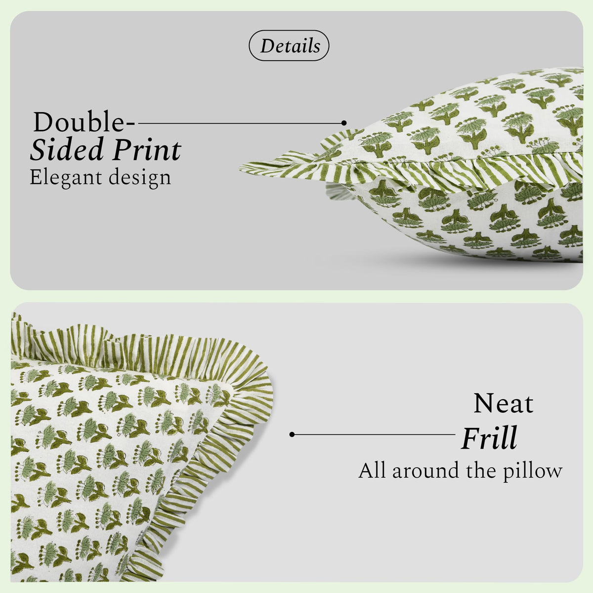 CPC Emerald Green block print pillow covers on living room sofa