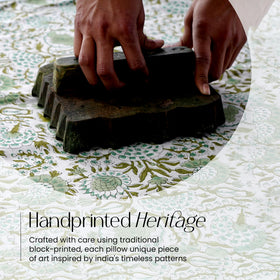 CPC Hand Block Print Agate Green Ruffle Detail adds subtle depth to bed or sofa.