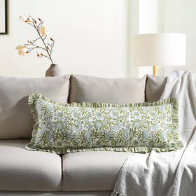 CPC Hand Block Print Agate Green Ruffle Sham Cover enhances couch decor with vintage charm.