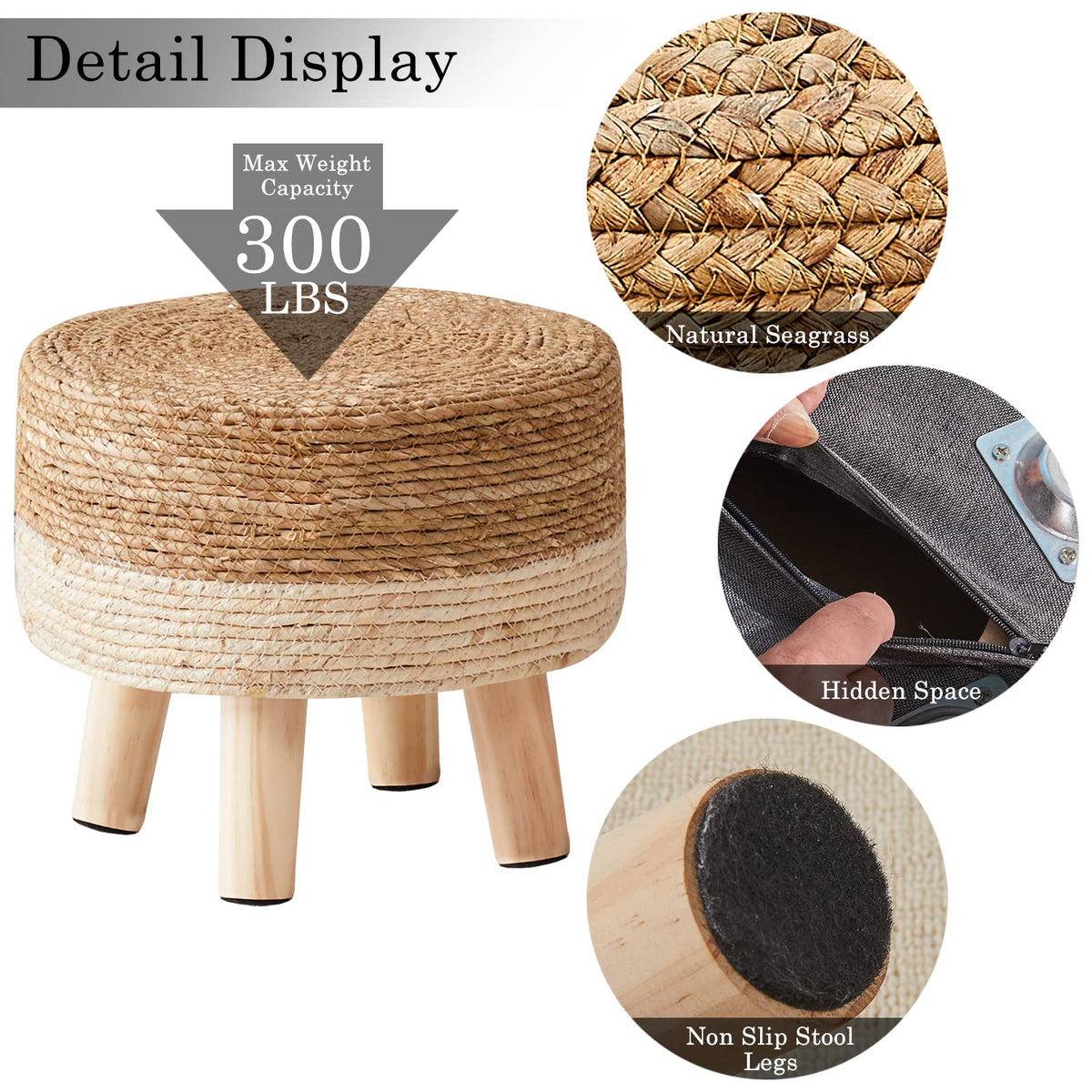 Cpintltr couch-use seagrass stool serves as quick footrest for relaxing.