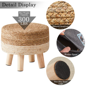 Cpintltr couch-use seagrass stool serves as quick footrest for relaxing.