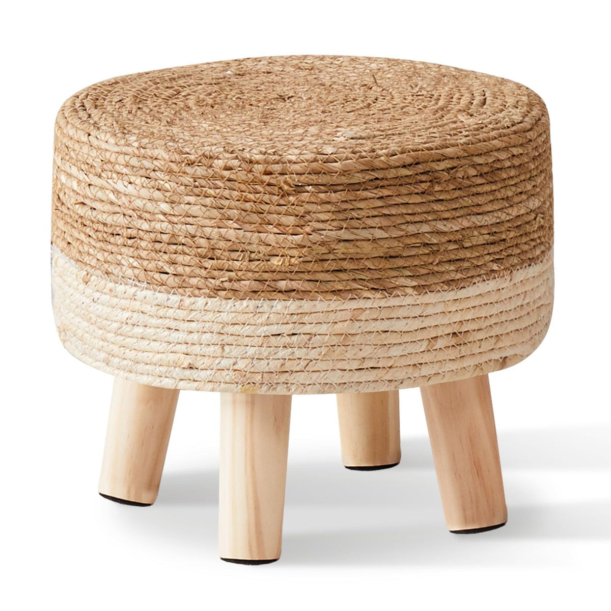 Cpintltr seagrass round foot stool with pine legs, sturdy foot support.