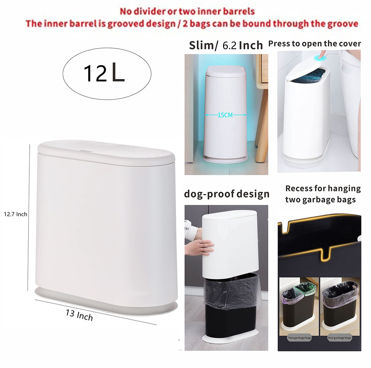Cq acrylic 12-liter waste bin fits narrow kitchens and bathrooms.