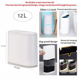 Cq acrylic 12-liter waste bin fits narrow kitchens and bathrooms.