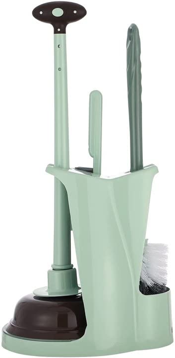 Cq Acrylic 3-in-1 toilet brush and plunger set in green for compact bathroom storage