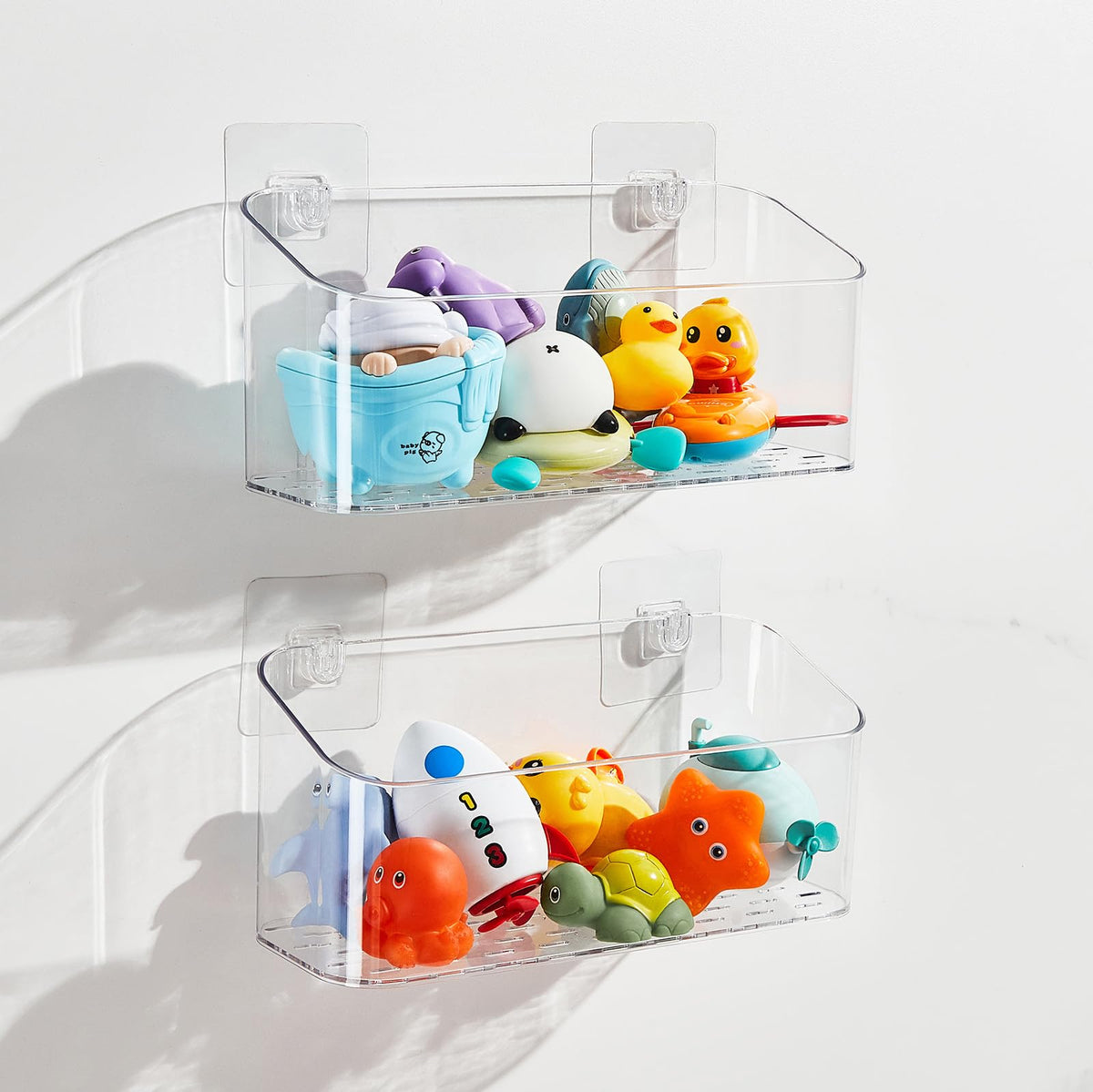 CQUNM bath toy storage 2-pack baskets, clear view for easy toy access.